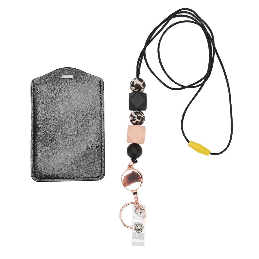 Retractable Silicone Beaded Lanyard Flesh Pink/Pink/Purple/Grey with Transparent ID Holder ID Badge Holder with Lanyard