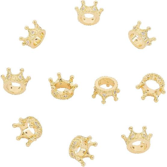 NBEADS 10 Stück Zirkonia Pavé Königskrone Perlen, 11x7mm Goldfarbe Armband Abstandshalter Charms Große Loch Lose Perlen für Armband Halskette DIY
