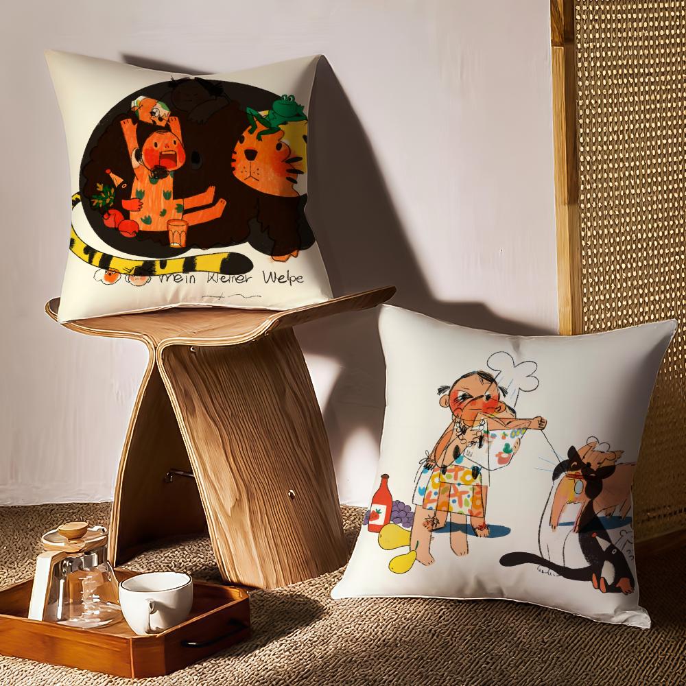 Illustrations Of Everyday Life Cushion Cover Anti-dustmite Pillowcase Invisible Zipper Silky Short Plush Sofa Cushion Cover