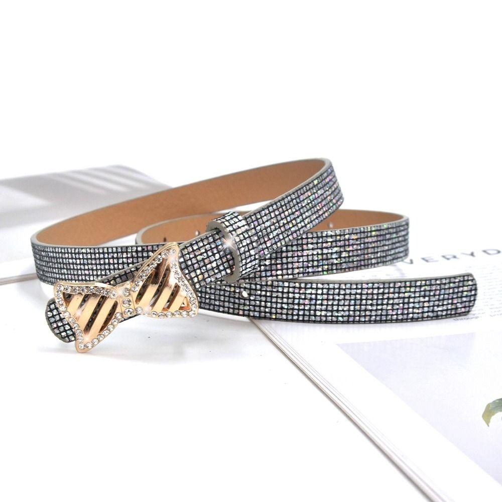 Fashion Bling Bling Sparkling Rhinestone Belt Glitter Versatile Slide Buckle Belt Luxury Brand Design PU Leather Belt Women