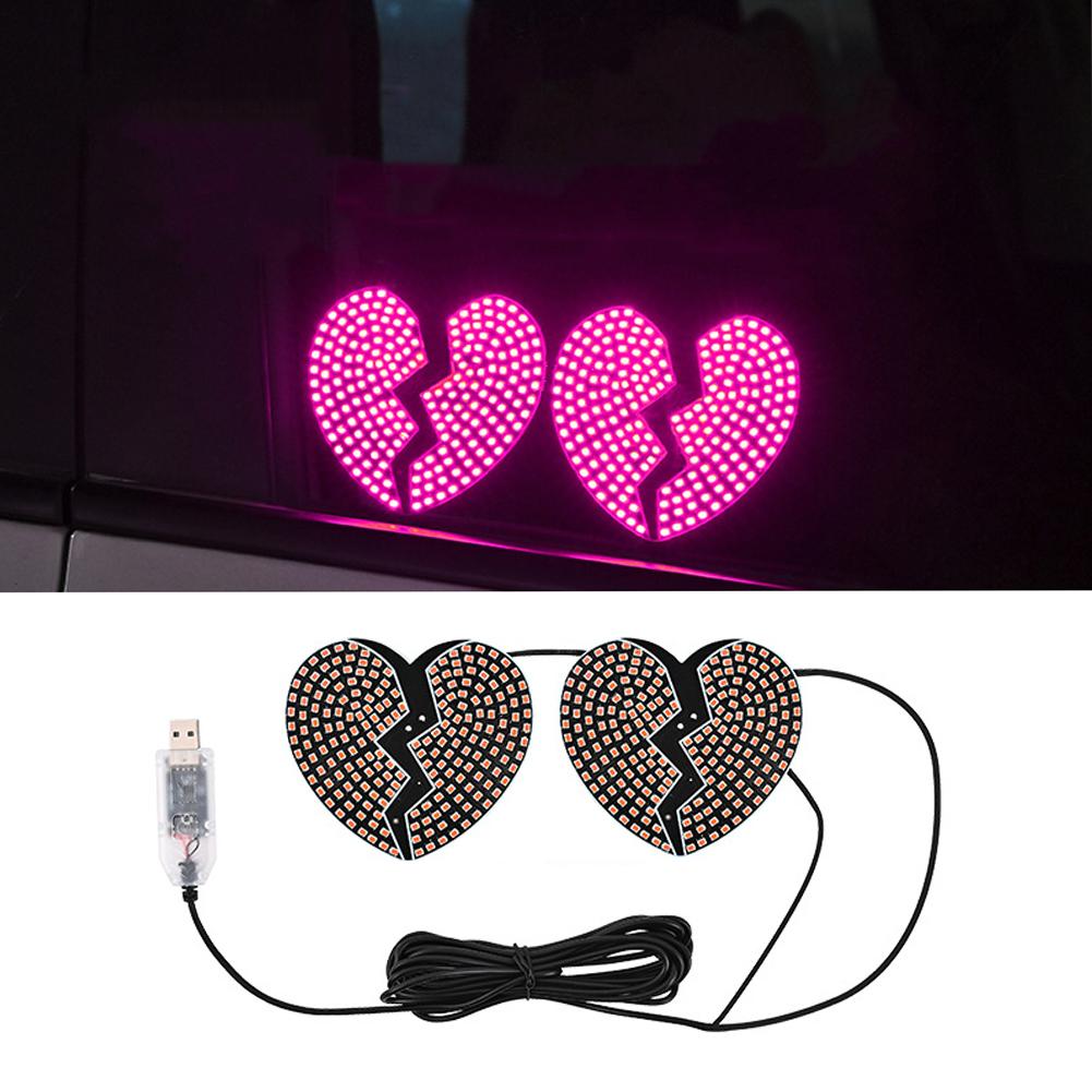 2Pcs/Set Heart-Shaped USB LED Car Interior Ambient Lights DIY Installation Auto Window Decoration Windshield Lights