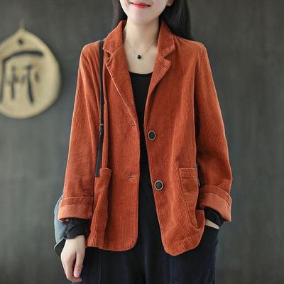 Manteau en velours côtelé pour femmes, couleur unie, manteau court, manches longues, Vintage, veste décontractée, haut de costume, col en velours côtelé, printemps automne
