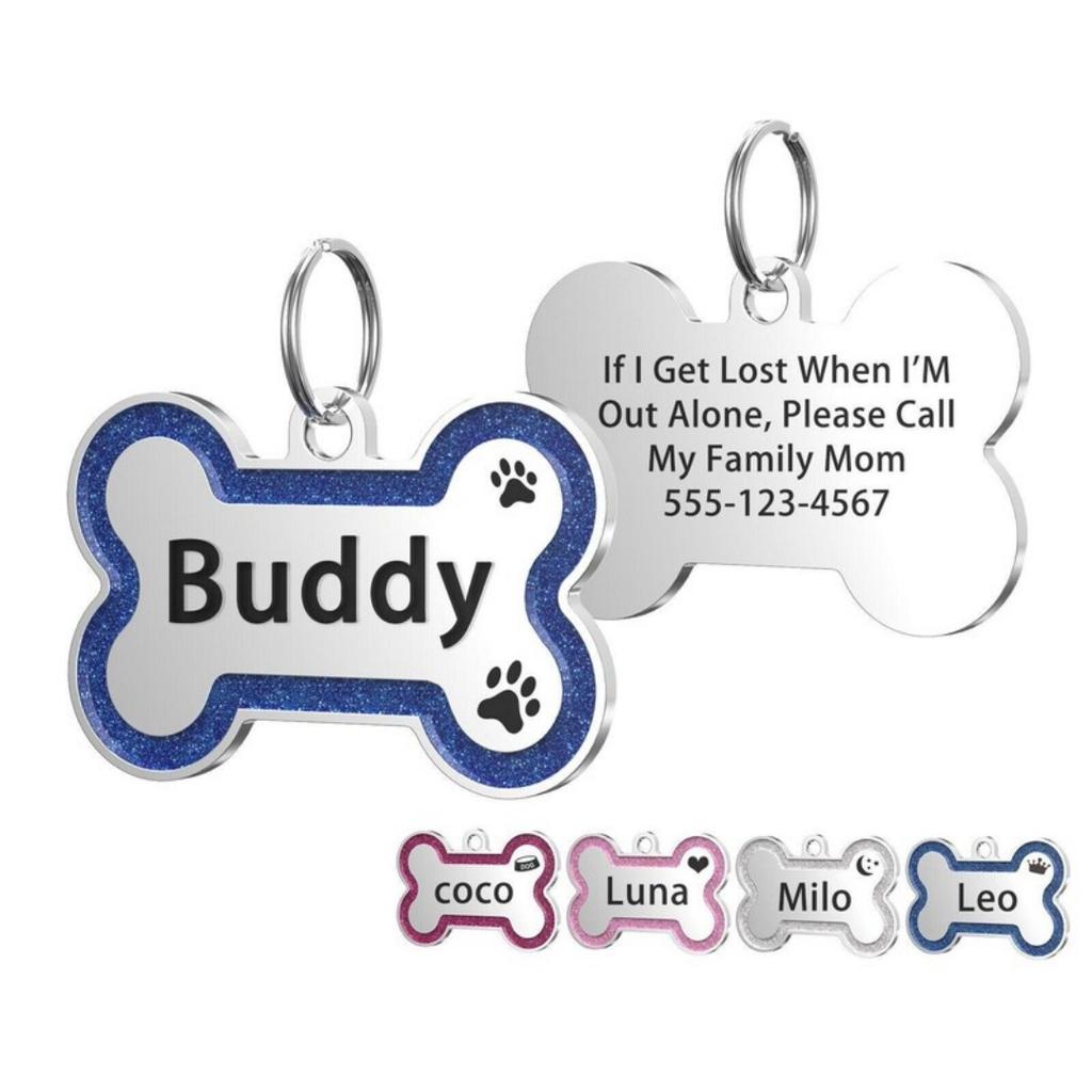 Double Side Dog Cat ID Tag Glitter Dogs Cats Name Pendant Tags Pet Collar Accessories Anti-lost Bone Tags for Small Dog Cat