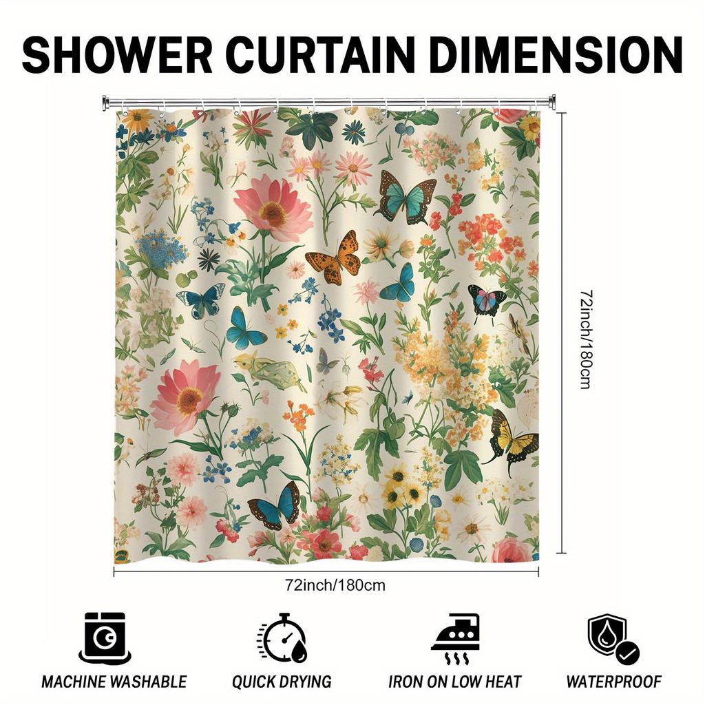 Shower Curtain: Vintage Floral and Butterfly Print for a Charming and Nature-Inspired Bathroom Decor