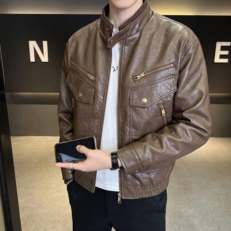 American retro high street old washed PU leather jacket men's autumn and winter new trendy brand fashion casual coat