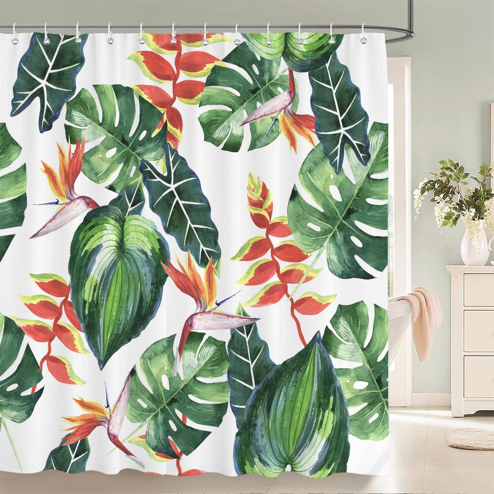 Green Leaf Plants And Flowers Shower Curtain Print Modern Nordic Minimalist Polyster Home Decor Bathroom Curtain With Hooks