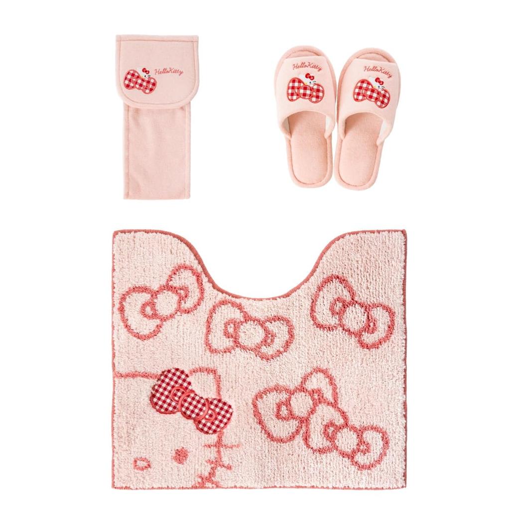 Hello Kitty 3-Piece Toilet Mat Set (Slippers, Paper Holder Cover, Sanrio Scrunchie, Pink Ribbon) - Cute, Washable, Antibacterial, Odor-Resistant, Non-