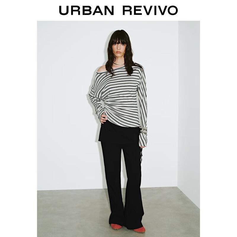 UR Women's Color-Blocked Striped Pleated Long Sleeve T-Shirt