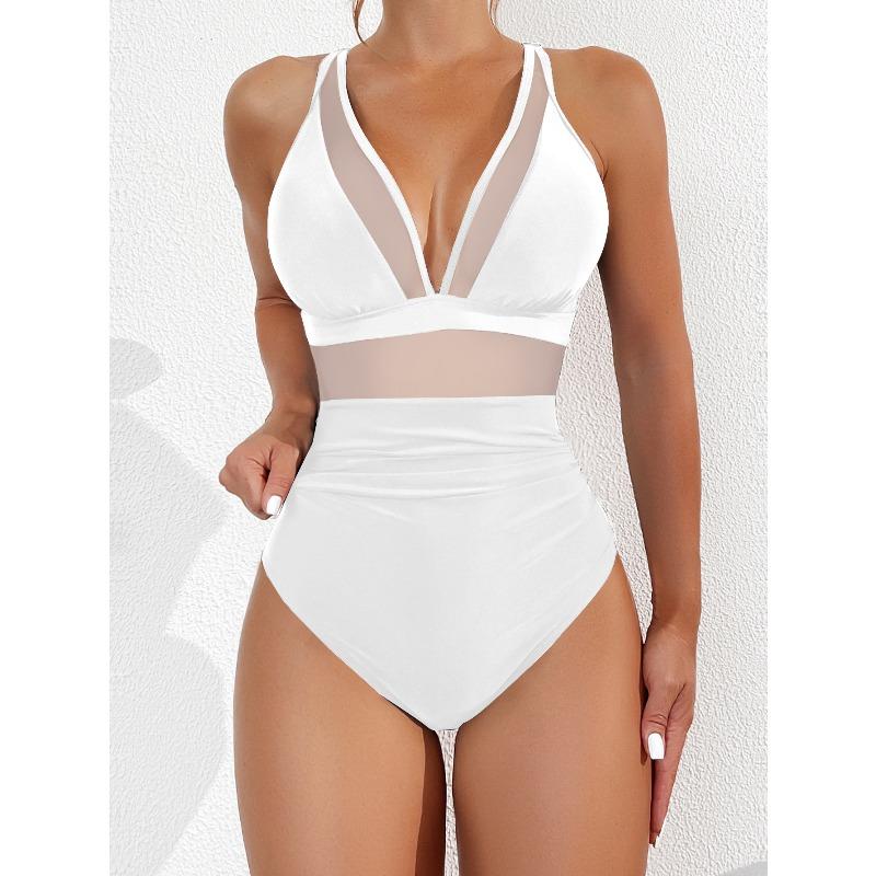 2026 New Bikini European and American Solid Color Mesh Halter Sexy Bikini One-piece Swimsuit Swimsuit