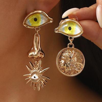 Medieval Vintage Eye Mouth Asymmetric Earrings Tassel Geometric Facial Pendant Earrings Long Dangle Earrings Jewelry Gifts