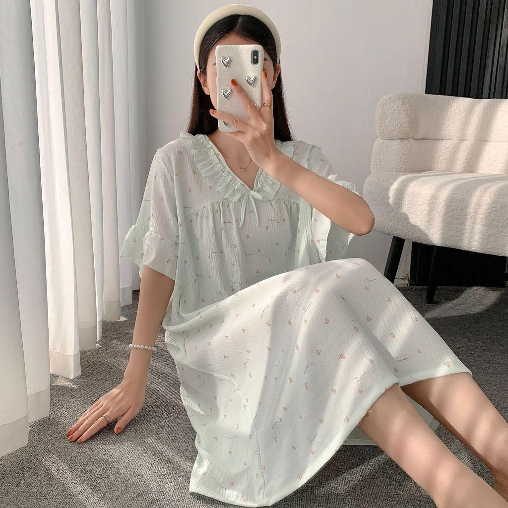 Cloud Cotton Summer Pajama Dress - Women's Short Sleeve Sweet Girl Print Homewear
