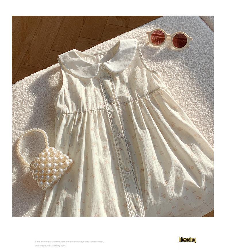 Korean Style Girls' Floral Dress - Summer 2026 Cotton Lace Sleeveless with Doll Collar