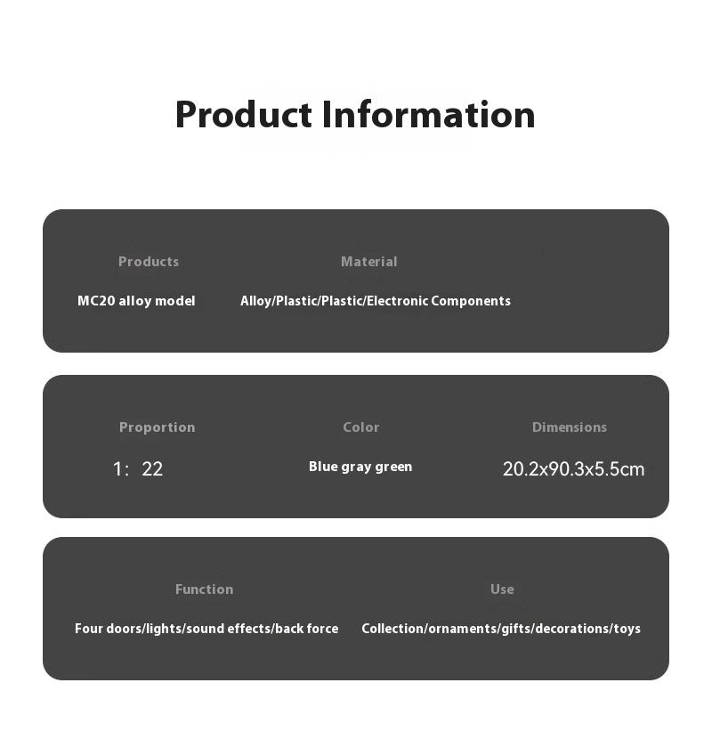 Diecast 1/22 Maserati MC20 Super Sports Car Alloy Model Sound & Light Pull Back Toy Boy Sports Car Toy Birthday Present for Kid