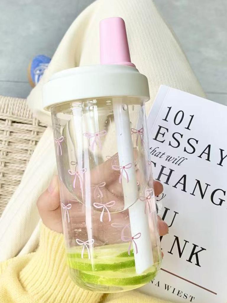 Pink Bow Straw Water Bottle With Lid Cute Bubble Milk Tea Drinks Cup Portable Plastic Coffee Cup Outdoor Students Water Bottle