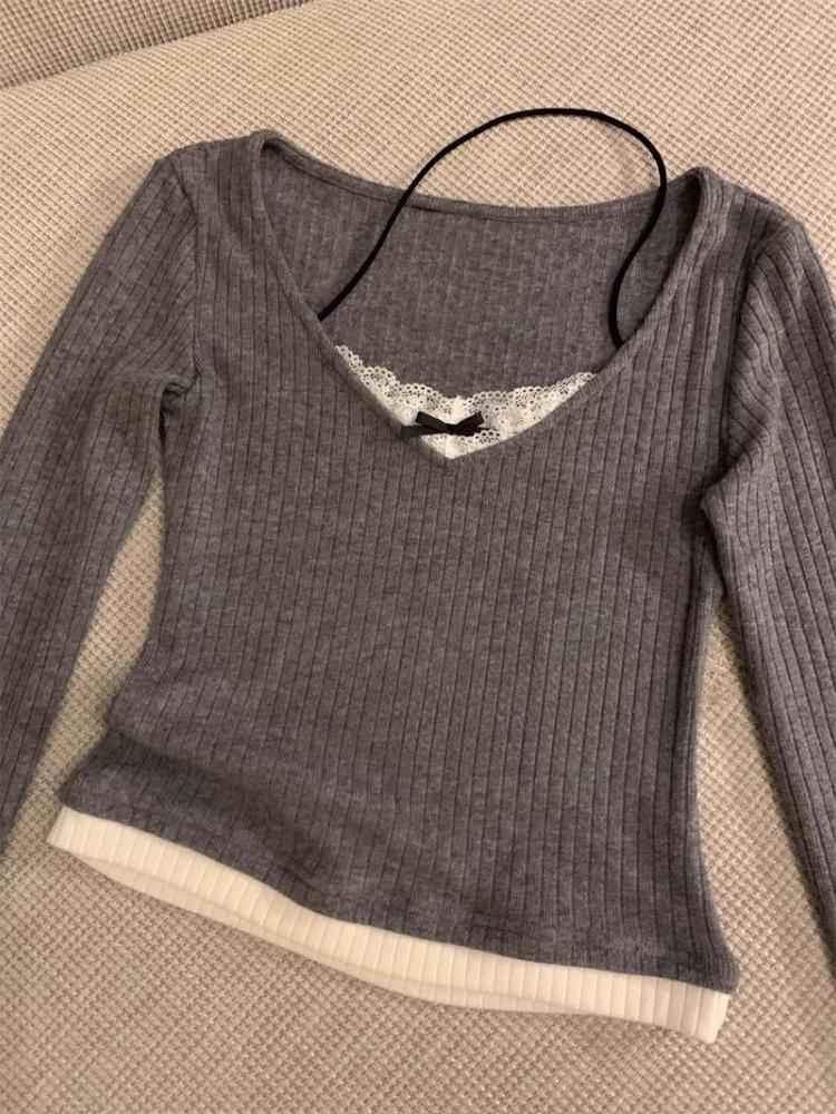 

Элегантный поддельный комплект из двух частей кружевной строчки топы женские винтажные свисающие воротник длинный рукав милая футболка осень новые тонкие повседневные короткие пуловеры XL серый