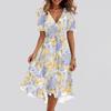 Women's Fashion Casual V Neck Short Sleeve Ruffled Vintage Printed Dresses
