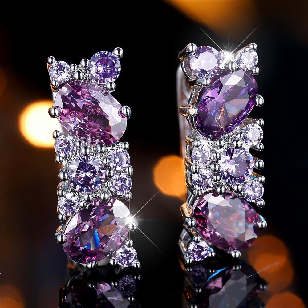 

Cute Female Purple Zircon Stone Hoop Earrings Fashion Silver Color Wedding Jewelry For Women фіолетовий