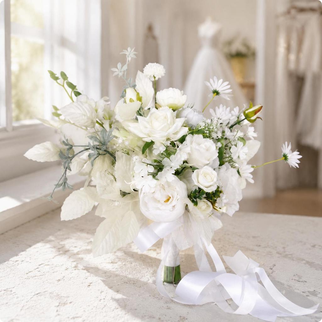 Bright Rose and Peony Faux Stem Bouquet Elegant Hand-Tied Silk Flower