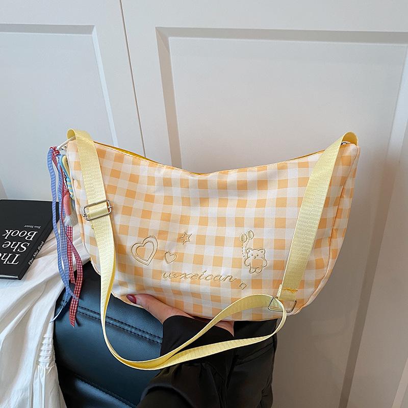 Checkered Canvas Bag for Women, Small and Fresh Embroidered Versatile Shoulder Bag, Large Capacity Commuting Crossbody Bags