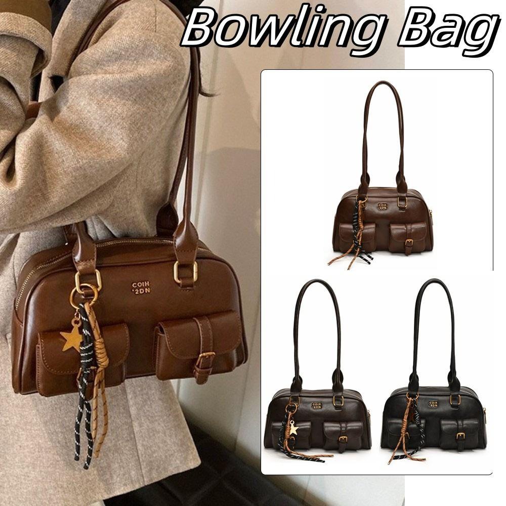 Solid Color Bowling Bag PU Leather Hobo Bag Portable Leather Shoulder Bag  Children