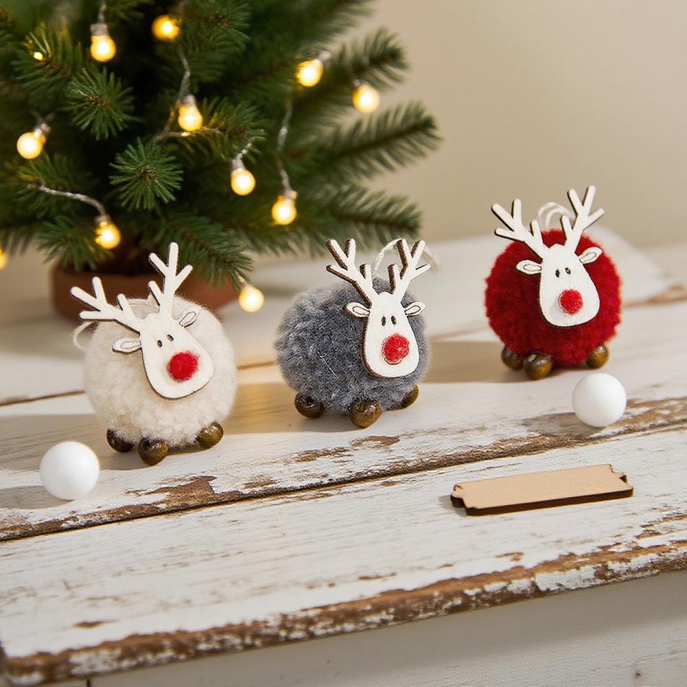 Christmas Elk Ornament Holiday Elk Pendant Pom Pom Reindeer Plush Ornament Wooden Elk Hanging Pendant Festive Felt for Tree