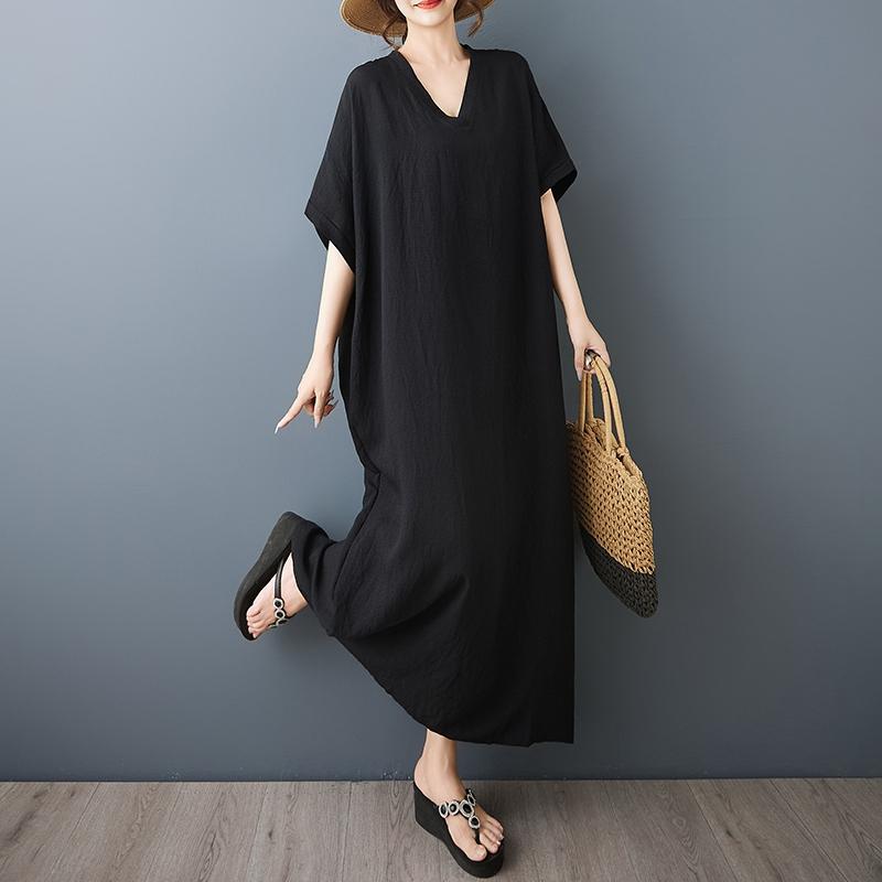 

Dimanaf Новое летнее черное платье с V-образным вырезом большого размера 2025 для женщин, базовое повседневное платье с коротким рукавом, свободное длинное платье One Size чёрный