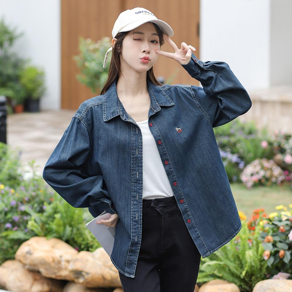 High Quality Casual Denim Shirt Women New Arrival 2025 Spring Korean Style Embroidery Basics Female Long Sleeve Tops