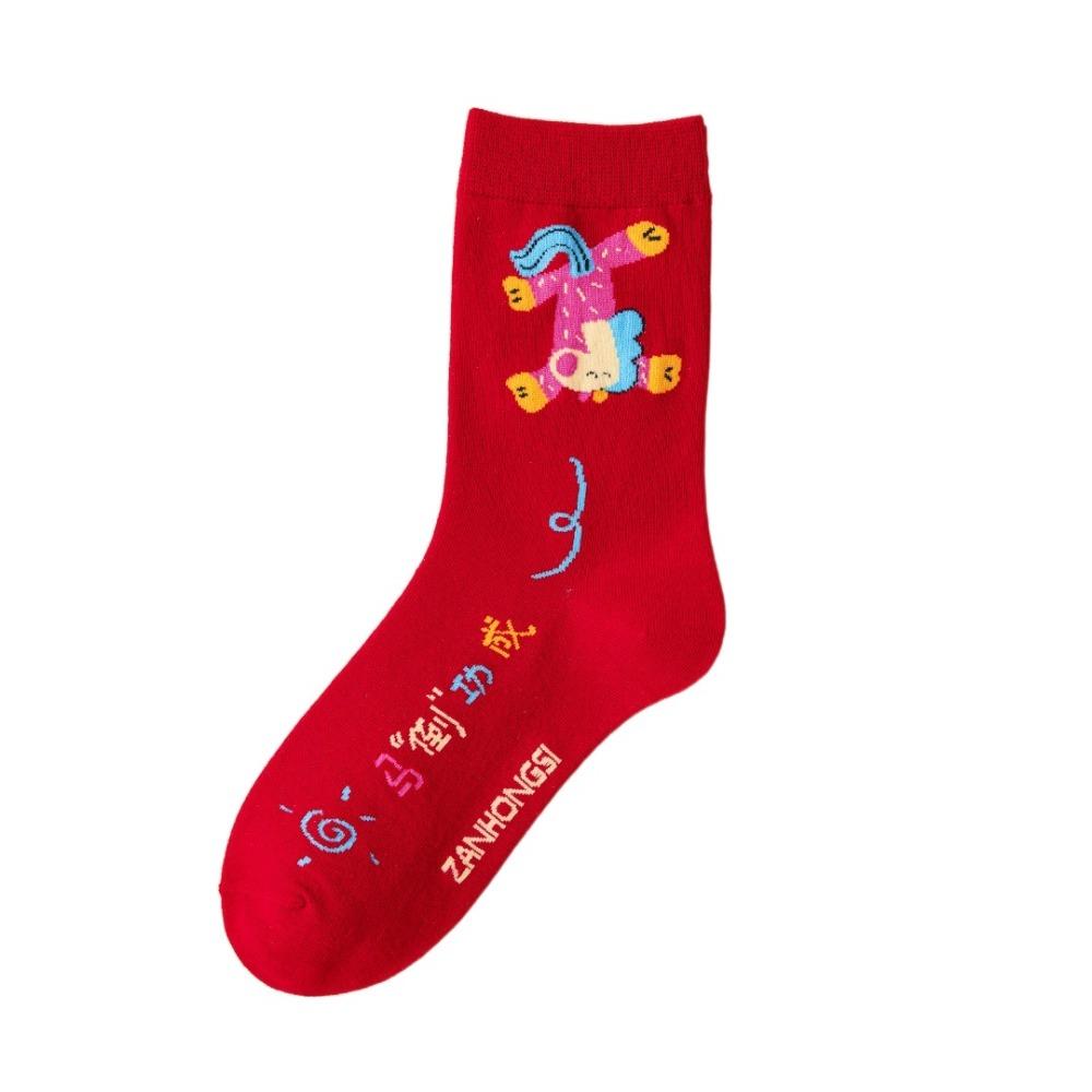 Cartoon Horse Red Socks Cotton Women Horse Tube Socks Breathable New Year Red Socks  Streetwear