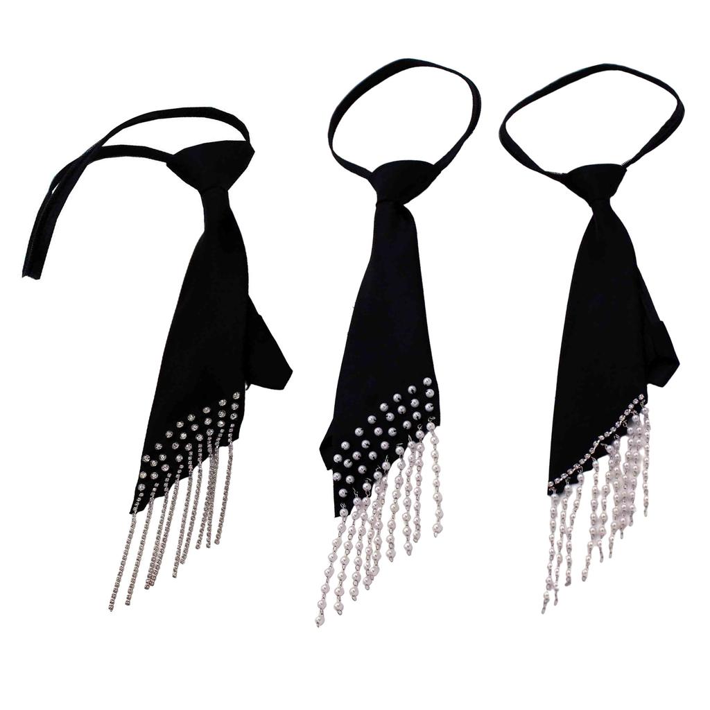 JK Necktie with Rhinestones Fringed for Women Girl Adjustable Neck Tie Collage Student Uniform Nightclub Dress Up Necktie