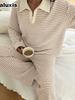 Fall Winter Striped Long Sleeve Wide Leg Pants Loungewear Set