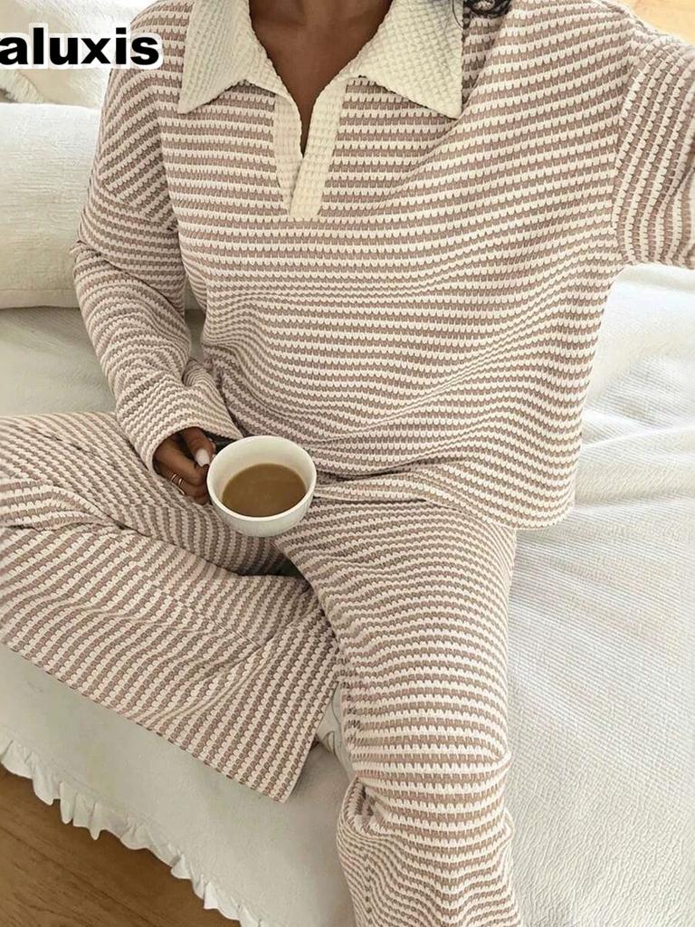 Fall Winter Striped Long Sleeve Wide Leg Pants Loungewear Set