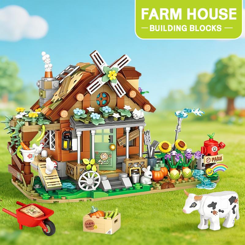 Farmhouse Building Blocks Set Toys Windmill Cottage Scene Model for Creative Desktop Display and Home Decor