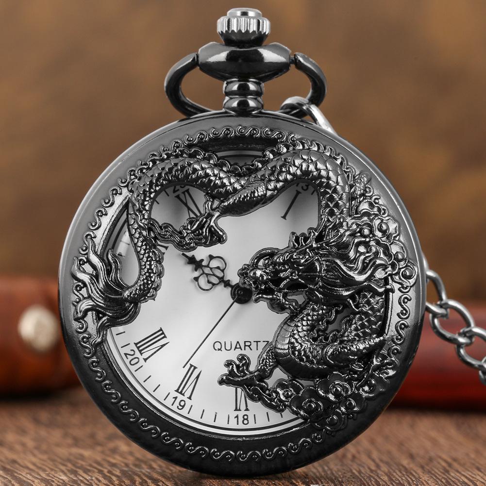 Antique Chinese Zodiac Dragon Vintage Quartz Pocket Watch with Chain, Retro Flip Cover Hollow Pendant Christmas Gift