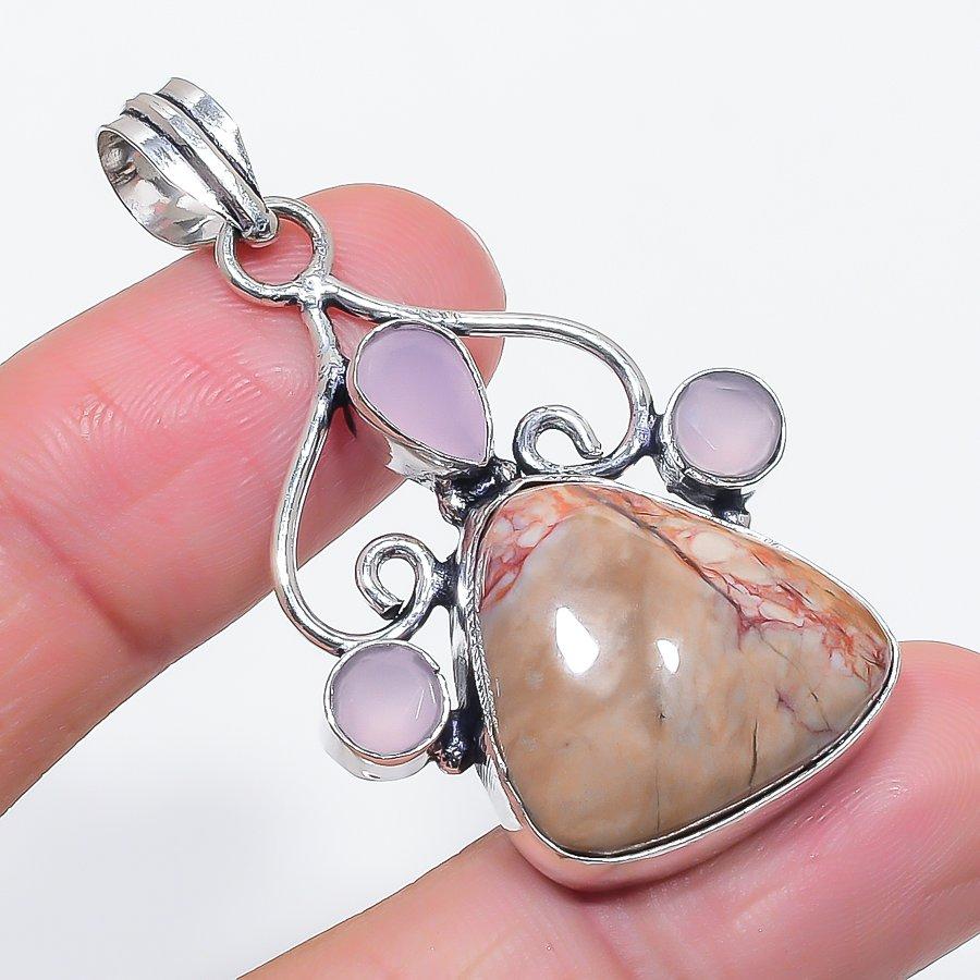 Natural Silver Leaf Jasper, Chalcedony 925 Sterling Silver Pendant 2.05" a2i93