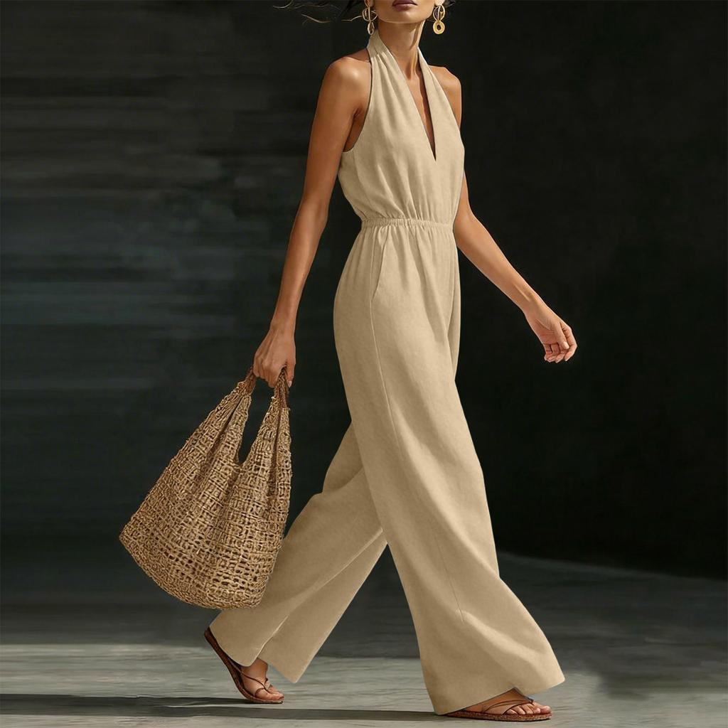 Women's V-neck Wide-leg Sleeveless Belted Long Jumpsuit