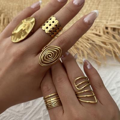 Stainless Steel Exggerated Geometric Ring Set For Women Men Vintage Metal Spiral Line Adjustable Finger Ring Party Jewelry