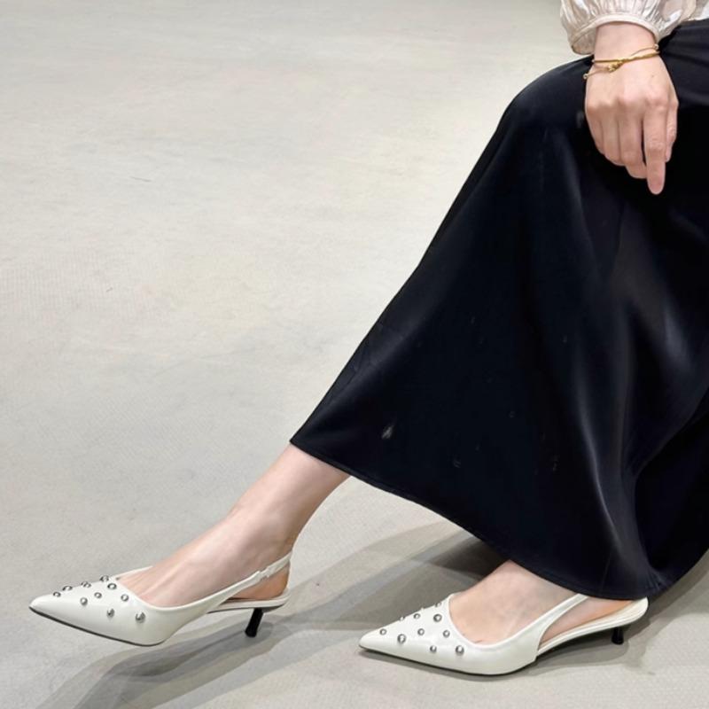 Women's Baotong Thin Heel Sandals Spring Pointed Head Shallow Mouth Rivet Anti-slip Wear-resistant Low Heel Shoes