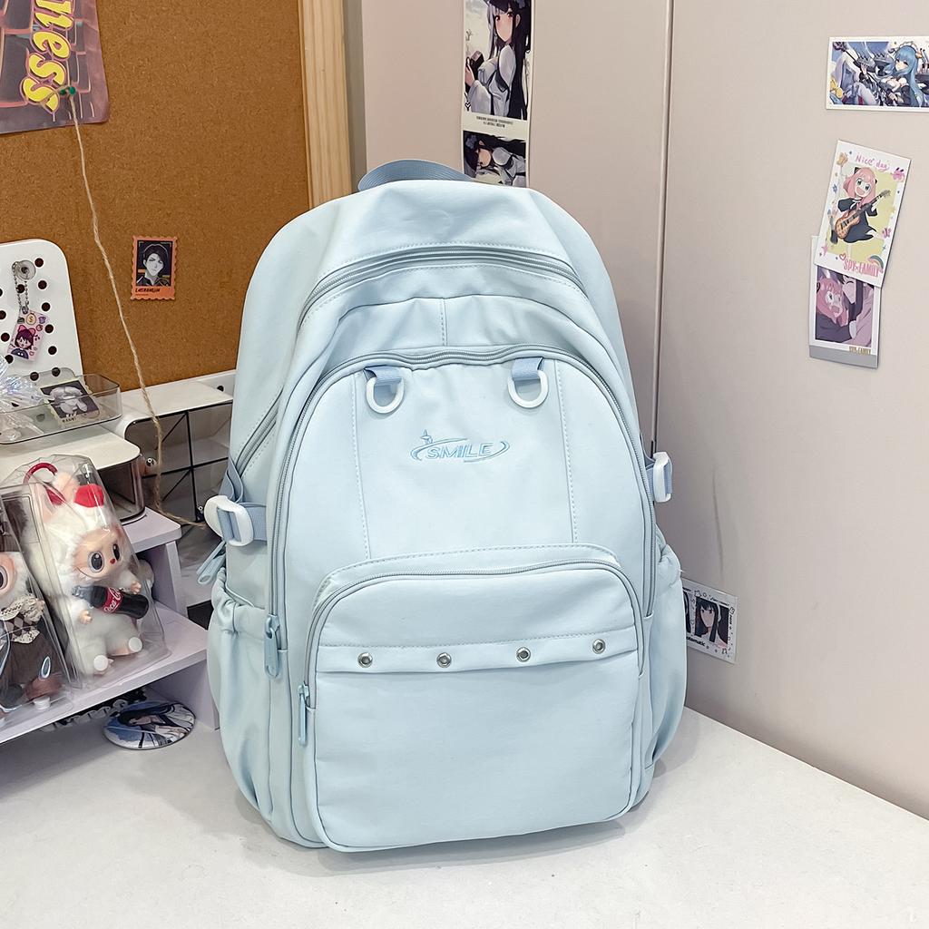 Schoolbag Sea Salt Blue Solid Color Letter Fresh Backpack Junior High School Primary School Student Party Class Travel Versatile Sweet School Bag Girl