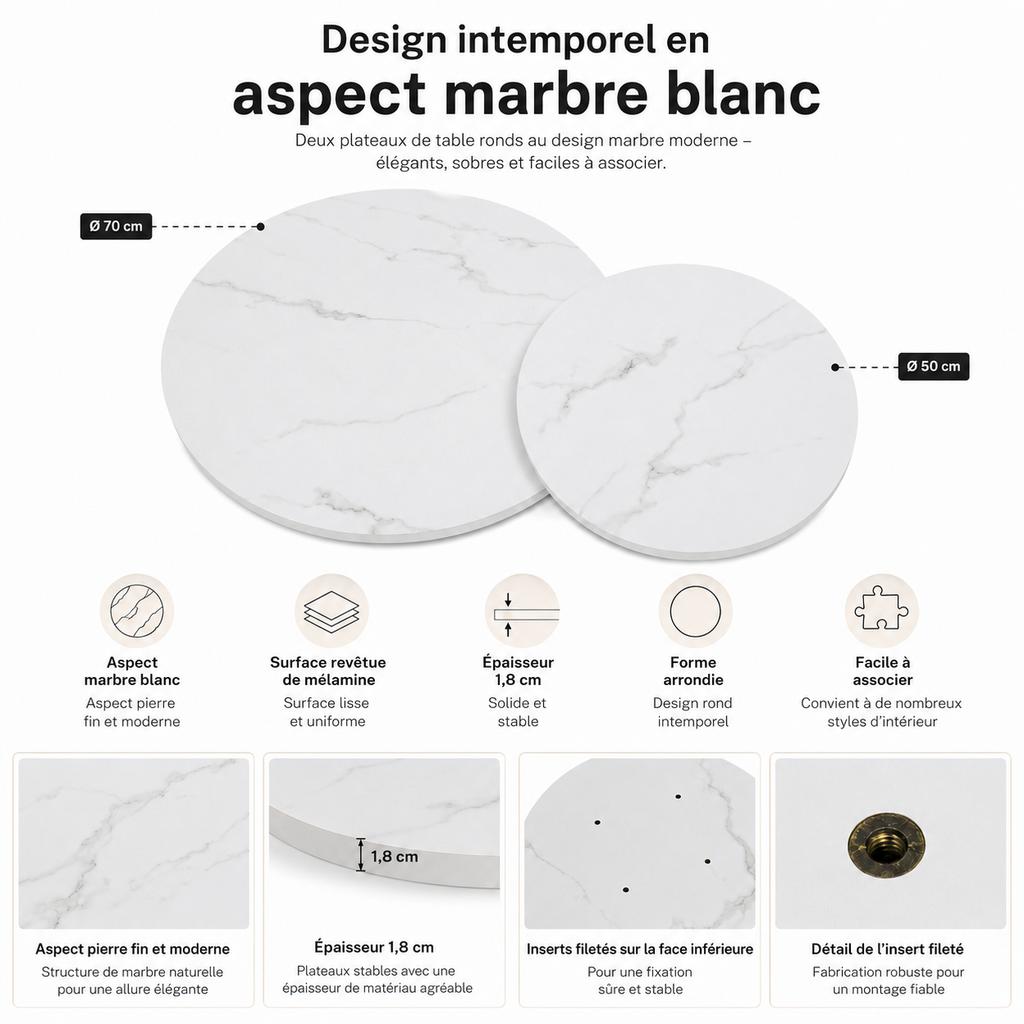 Elegant round table top in white marble look, 2 sizes diameter 70 cm & diameter 50 cm, durable melamine surface