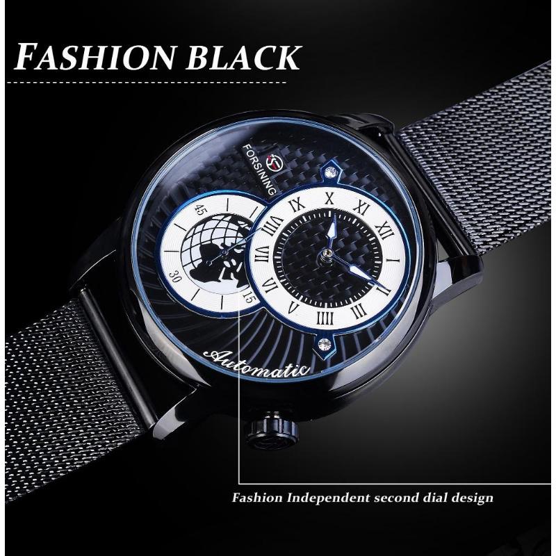 FORSINING Automatic Mechanical Wristwatch Military Sport Male Clock Luxury Golden Case Creative Dial Men Stainless Steel Mesh Strap Watch
