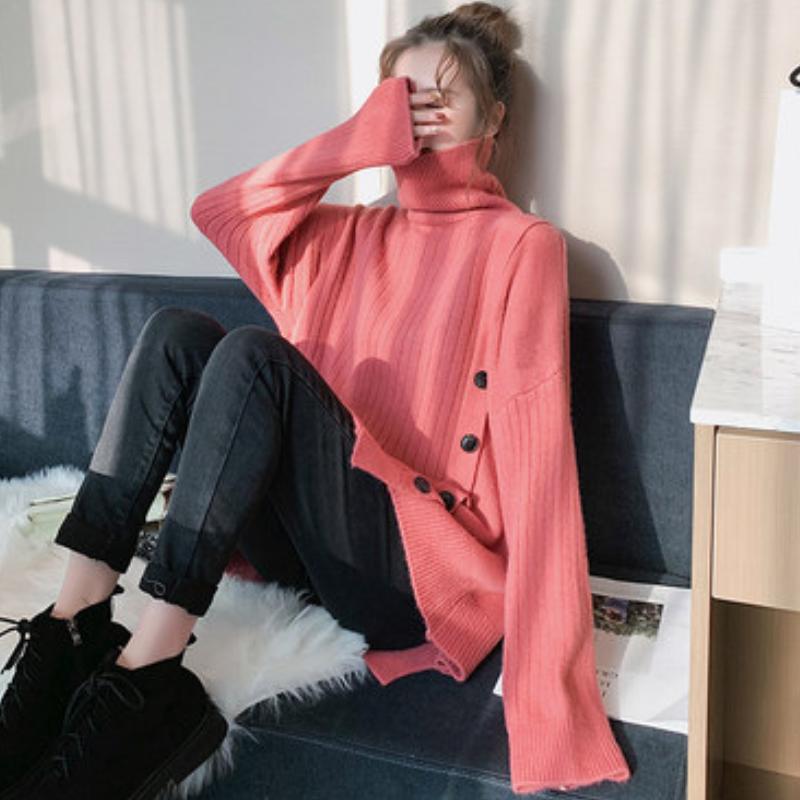 Boutons Chics d'Automne Pullovers Amples Unis Pull Femme Mode Manches Longues Pulls Tricotés Décontractés Hauts Tricotés pour Dames Pulls Femme Vintage 25523