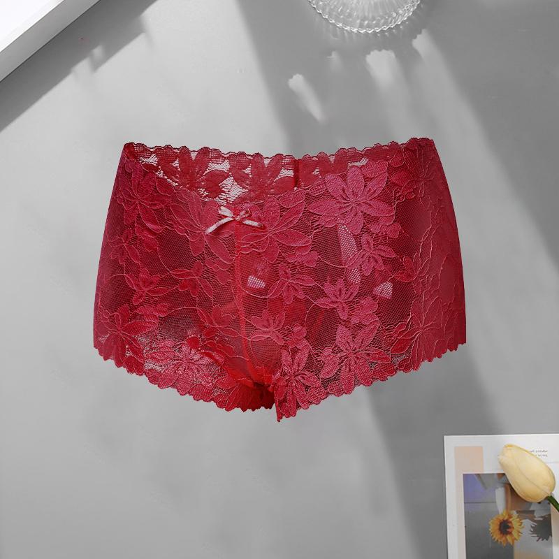 Women‘s Sexy Lace Floral Boxer Shorts Panties Female Solid Color Hollow Out High Waist Boyshort Elastic Perspective Lingerie