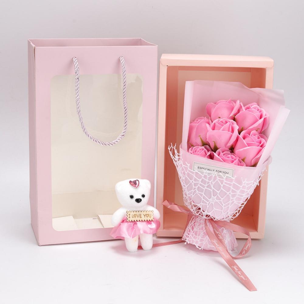 7 Heads Rose Artificial Bouquet Little Bear Gift Box Valentine's Day Handmade False Flower Bouquet Mother's Day Birthday Party