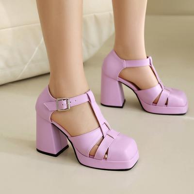 2025 T-Riemen Metall Quadratische Schnalle Schmaler Riemen Ausgeschnittene Damen Sandalen Plateau Ultrahoher Dicker Absatz Sandalen