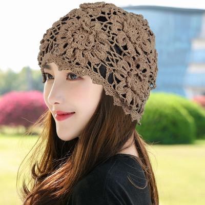 Damen Frühling Herbst Dünne Häkeln Hohl Gestrickte Mütze Netz Atmungsaktiv Elegant Handgefertigt Blumenmütze