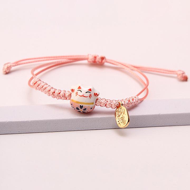 Handwoven Red Rope Lucky Cat Ceramic Bracelets for Women