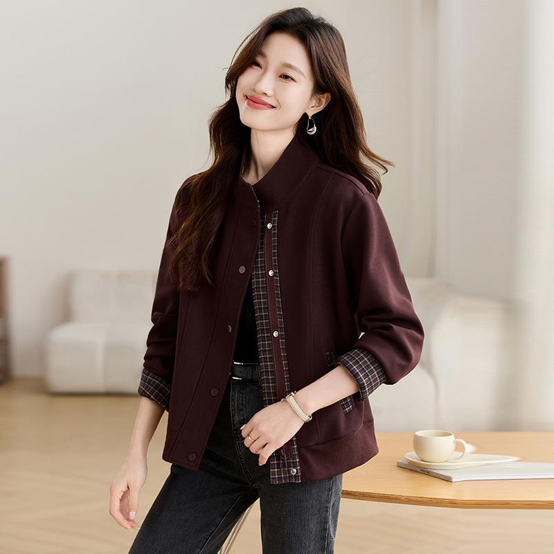 

Женская весенняя куртка 2025 года в клетку пэчворк со стойкой - Универсальный повседневный модный свитшот топ XL (suggested 135-150 jin) красный/коричневый