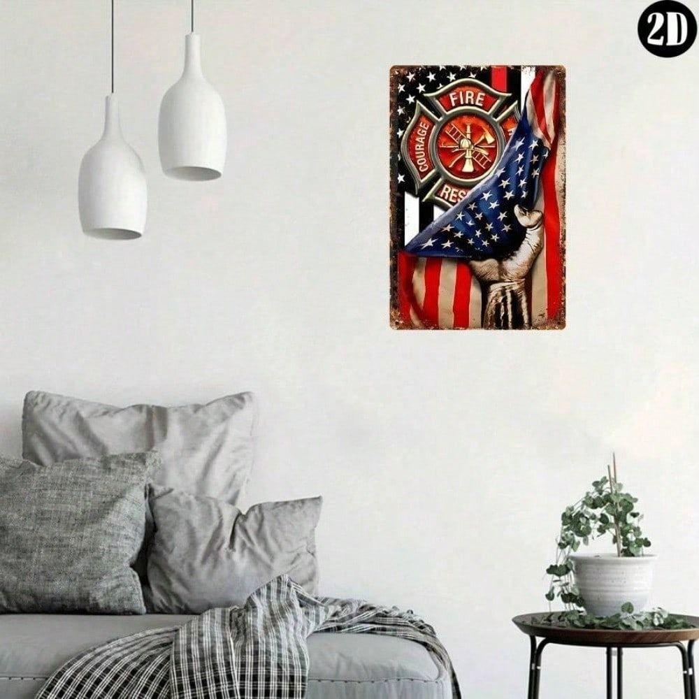 Vintage Metal Poster Firefighter Flag US Emblem Wall Art Decor 27x30cm