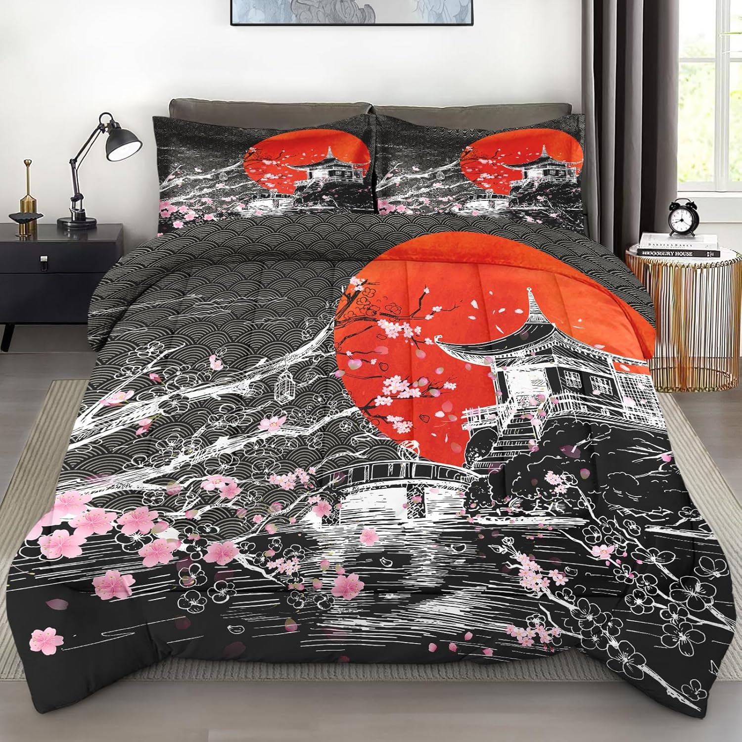 

Japanese Cherry Blossom Soft 3 Pcs Bedding for Kids and Adults House Vintage Flower Comforter Set with Pillowcase for Room Decor EU Twin(135x200cm)