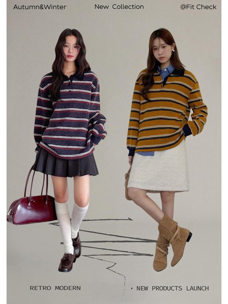 Retro Miu Girl Color Block Striped Lapel Knitwear Women's Winter Base Layer N993C